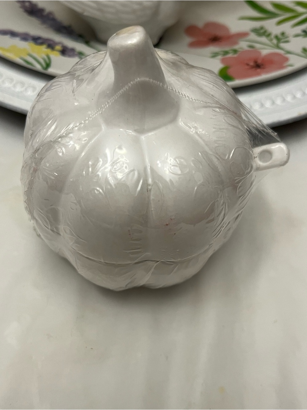 White Ceramic Pumpkin -Shaped Sugar Bowl W/Spoon- Home Dining